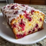 A close-up of a freshly baked cranberry orange bread loaf topped with white glaze and studded with bright red cranberries.