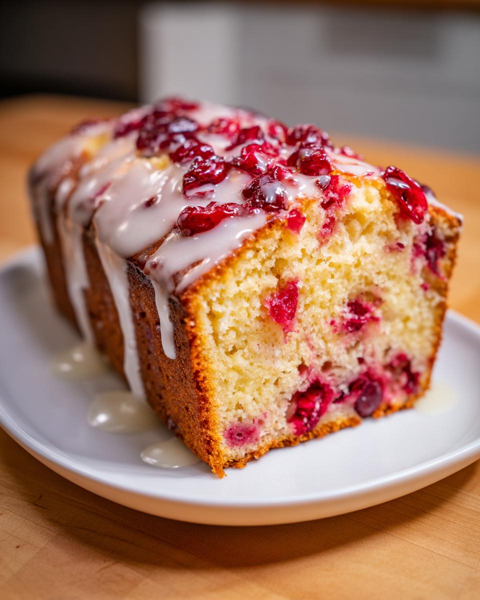 A moist loaf of cranberry orange bread topped with a thick white glaze and whole cranberries.