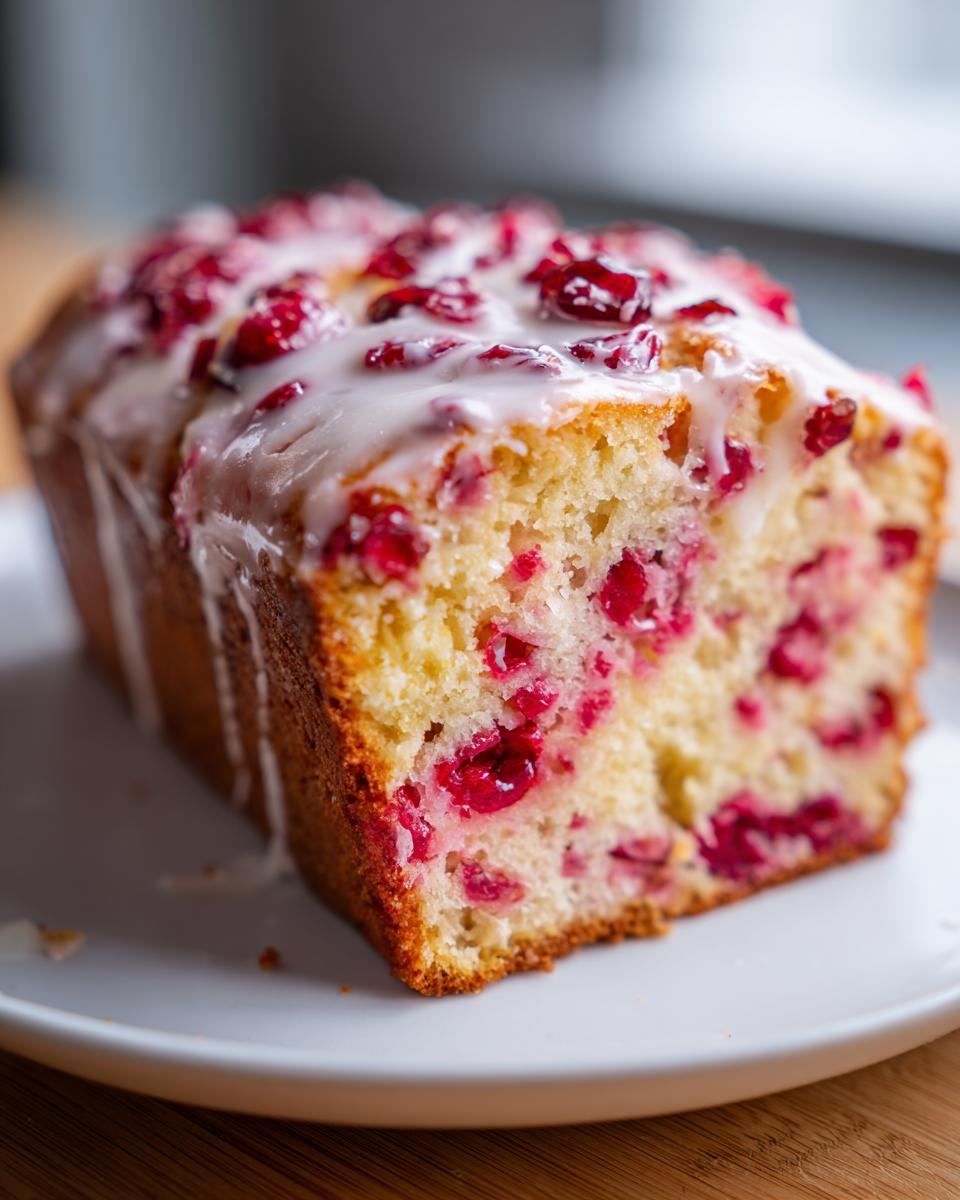 A close-up of a moist slice of cranberry orange bread topped with a bright white glaze and visible cranberries.