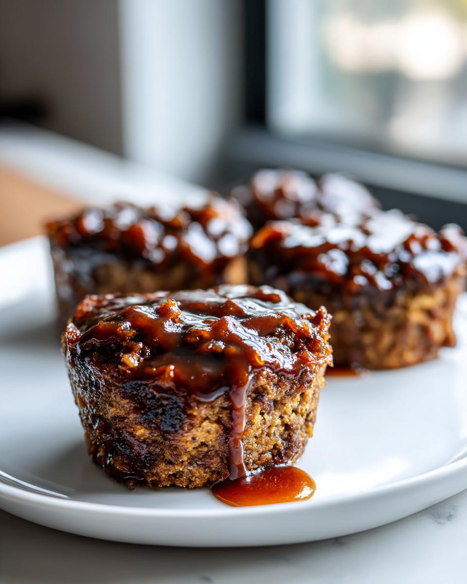 A close-up of one perfectly formed mini meatloaf topped with thick, glossy brown glaze dripping down the side.