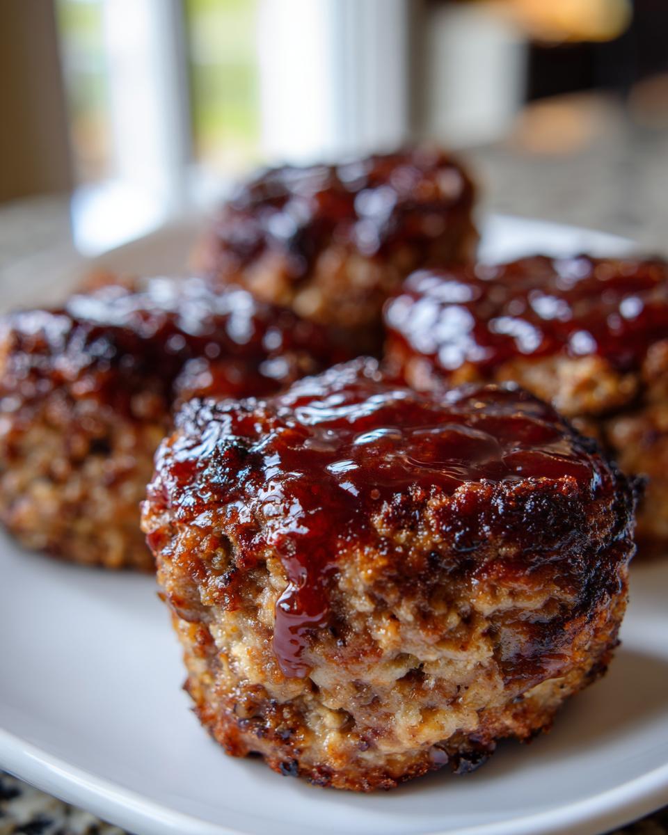 Close-up of several perfectly cooked mini meatloaf portions topped with a shiny, dark glaze.
