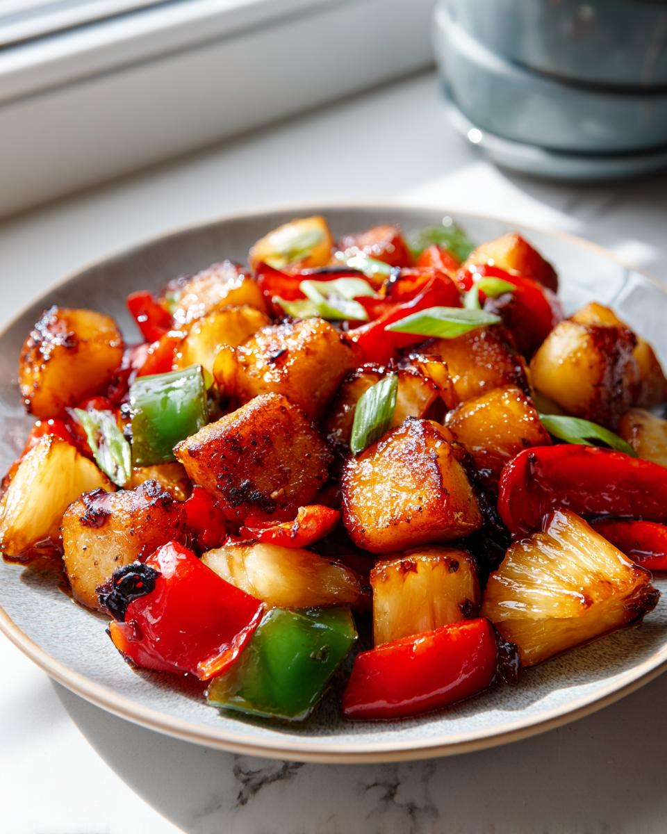 Close-up of caramelized pineapple chunks and bell peppers, likely part of a hawaiian chicken sheet pan recipe.