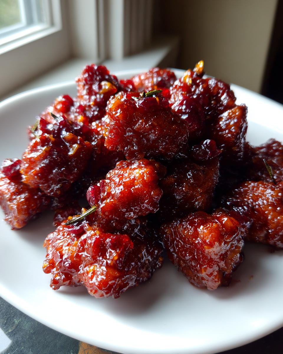 Close-up of glossy, dark red cranberry chicken pieces piled high on a white plate near a window.
