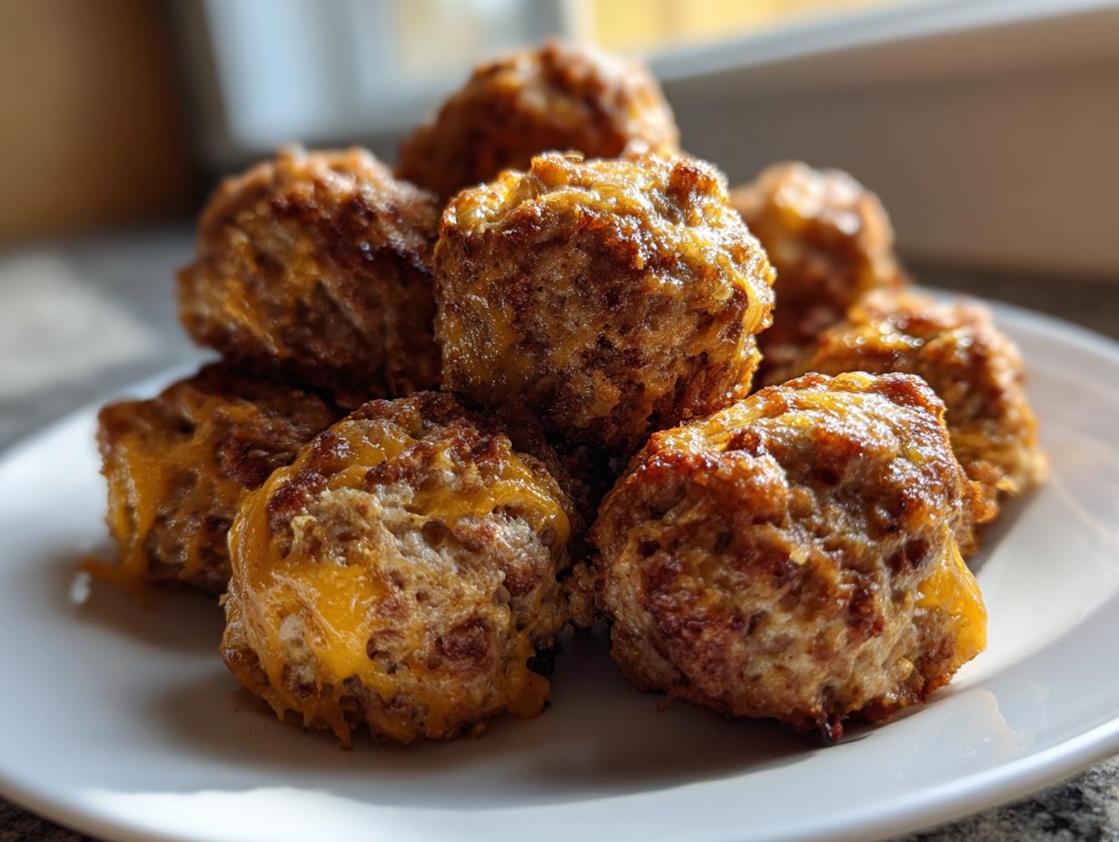 A close-up of several golden brown bisquick sausage balls piled on a white plate, showing melted cheddar cheese.