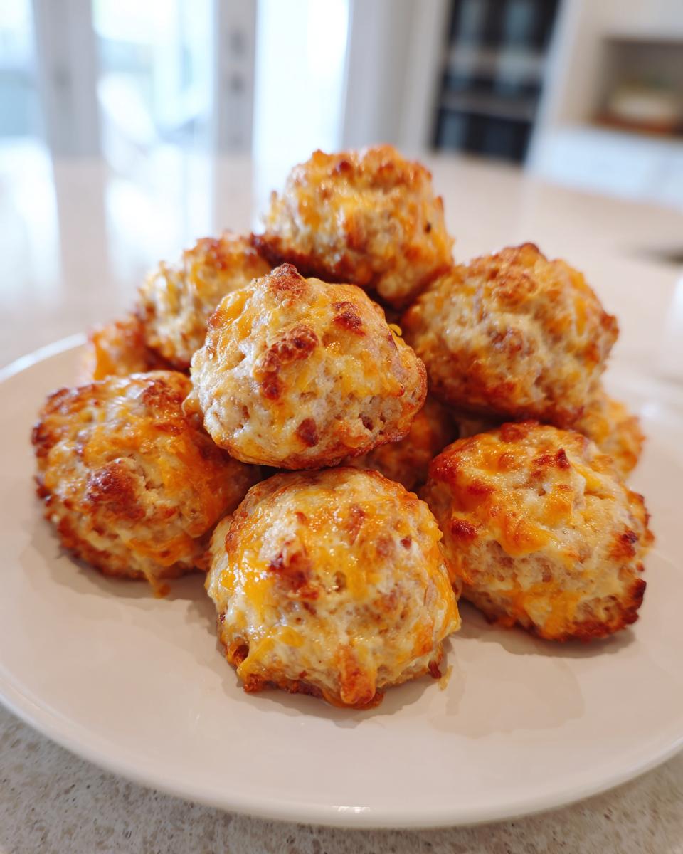 A close-up photo of a pile of freshly baked, golden brown bisquick sausage balls topped with melted cheddar cheese on a white plate.