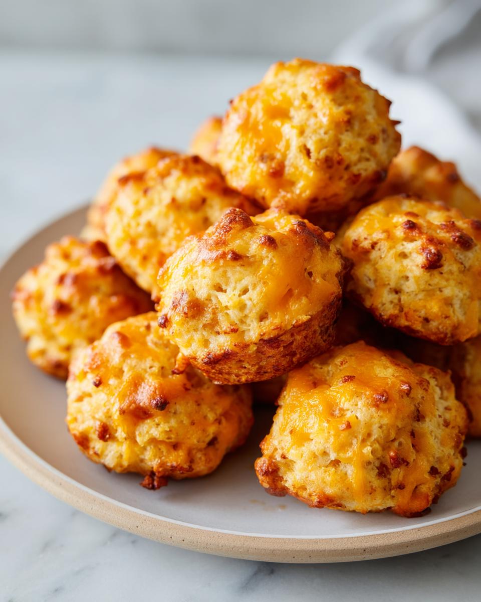A close-up stack of freshly baked, golden brown bisquick sausage balls topped with melted cheddar cheese.