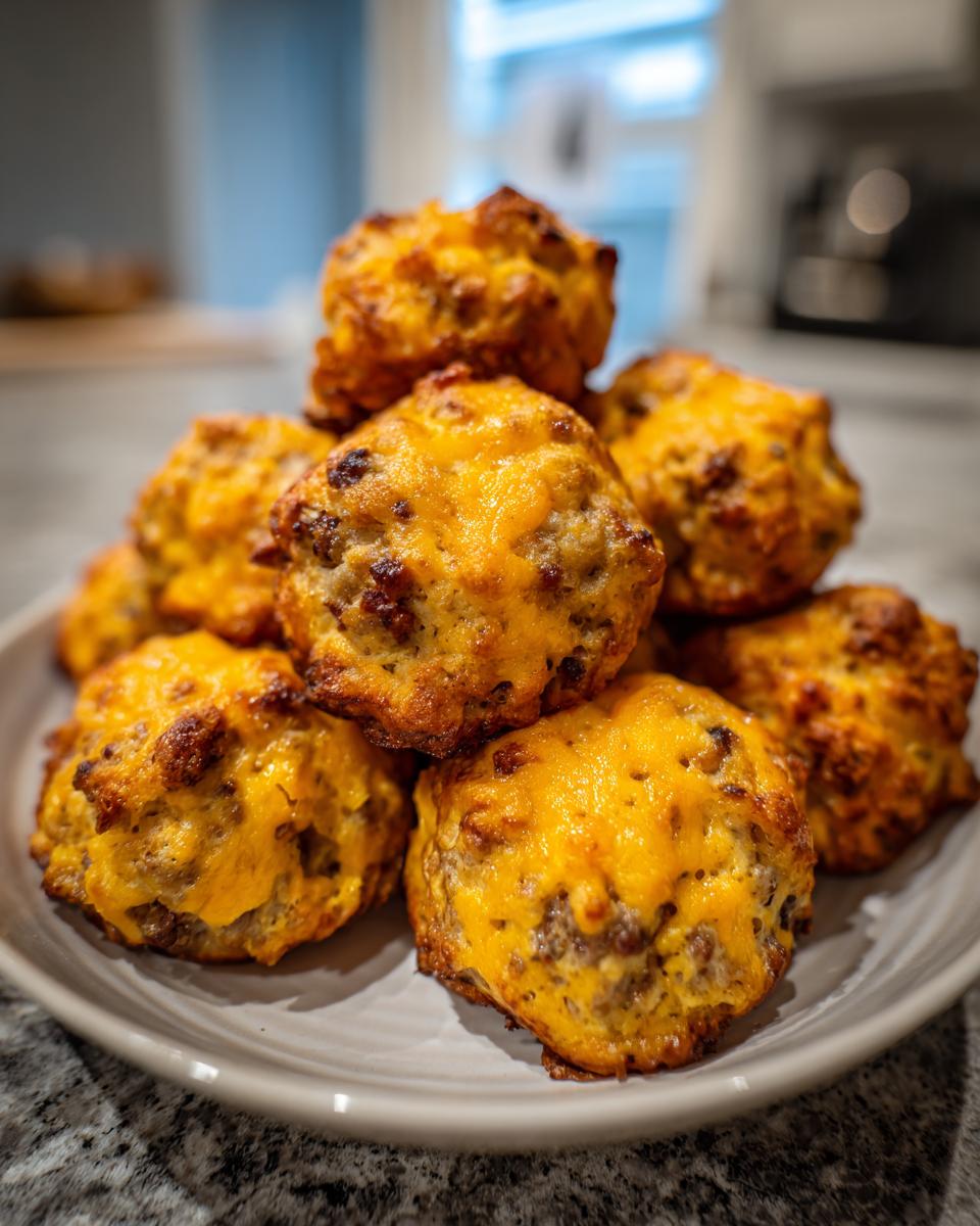 A stack of freshly baked, cheesy bisquick sausage balls with browned edges on a light gray plate.