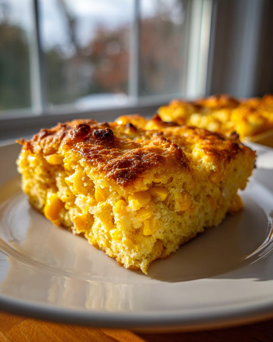 A close-up of a golden-brown slice of rich cream cheese corn casserole on a white plate.