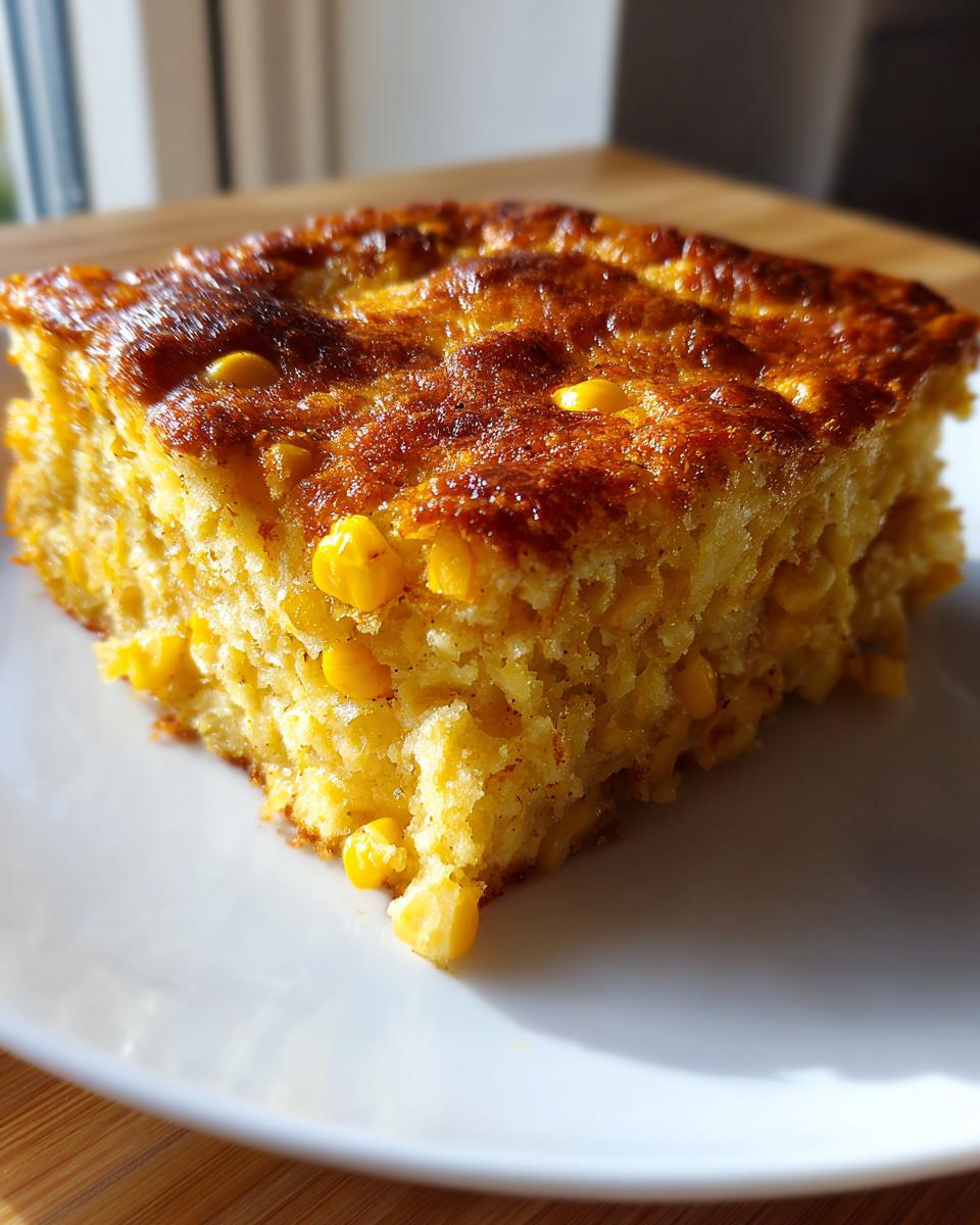Close-up of a golden-brown slice of rich cream cheese corn casserole on a white plate.