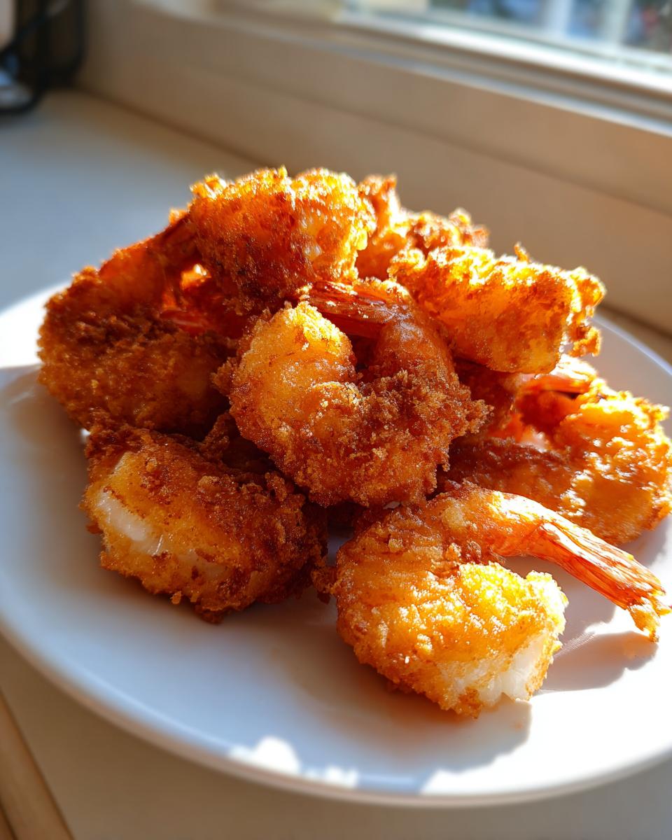 A close-up of a pile of perfectly golden, crispy fried shrimp served on a white plate, catching bright sunlight.