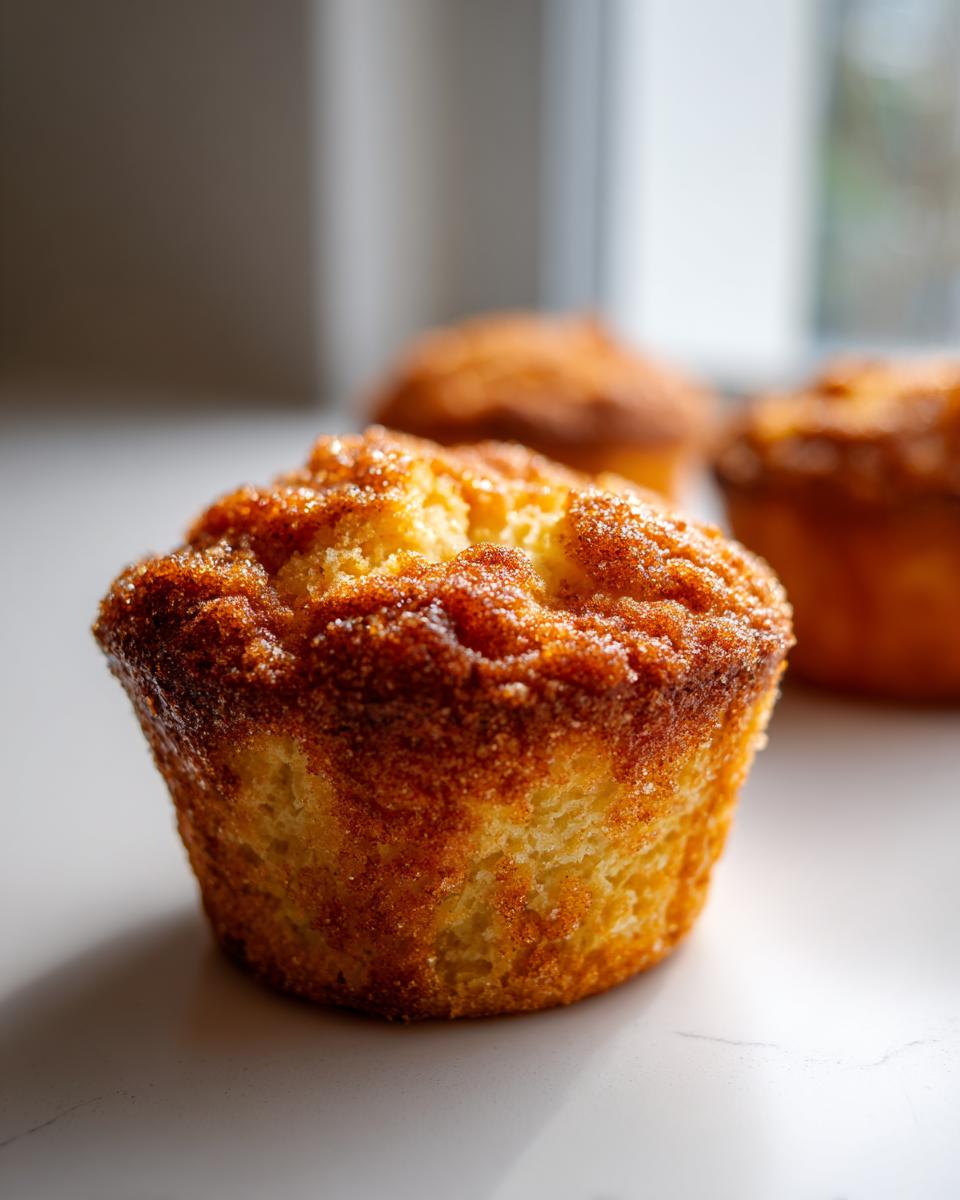 Close-up of a freshly baked french toast muffin topped with sparkling cinnamon sugar.