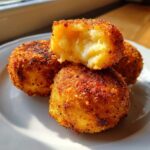 Close-up of golden brown, crispy potato croquettes, one broken open showing a melted, cheesy interior.