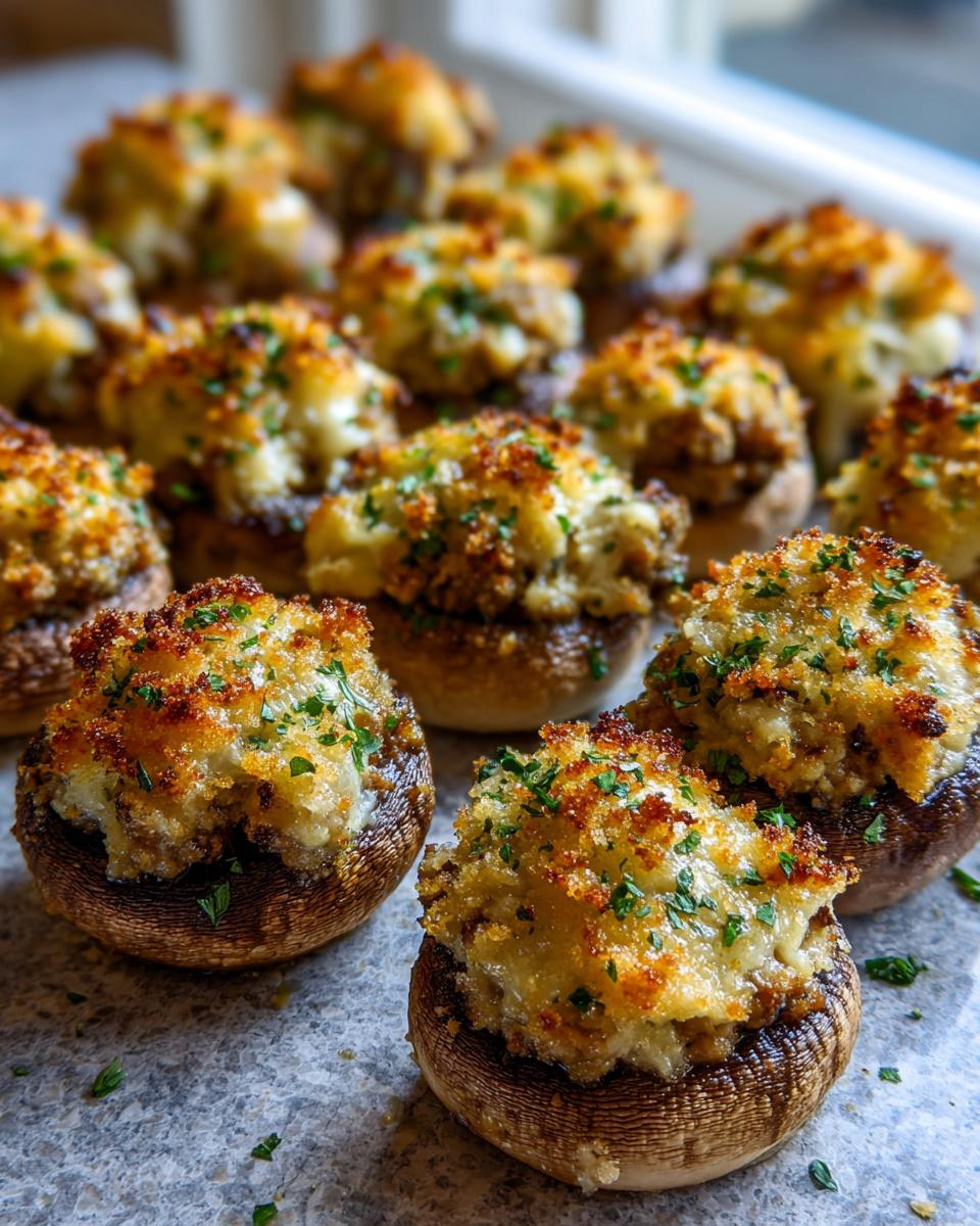 A close-up of several golden brown, baked stuffed mushrooms recipe appetizers garnished with fresh parsley.
