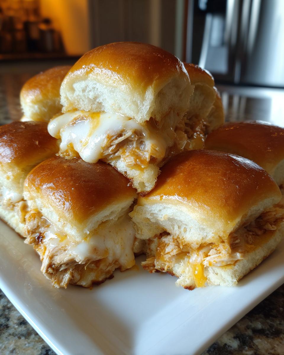 A stack of gooey buffalo chicken sliders piled high on a white plate, showing shredded chicken and melted white cheese.