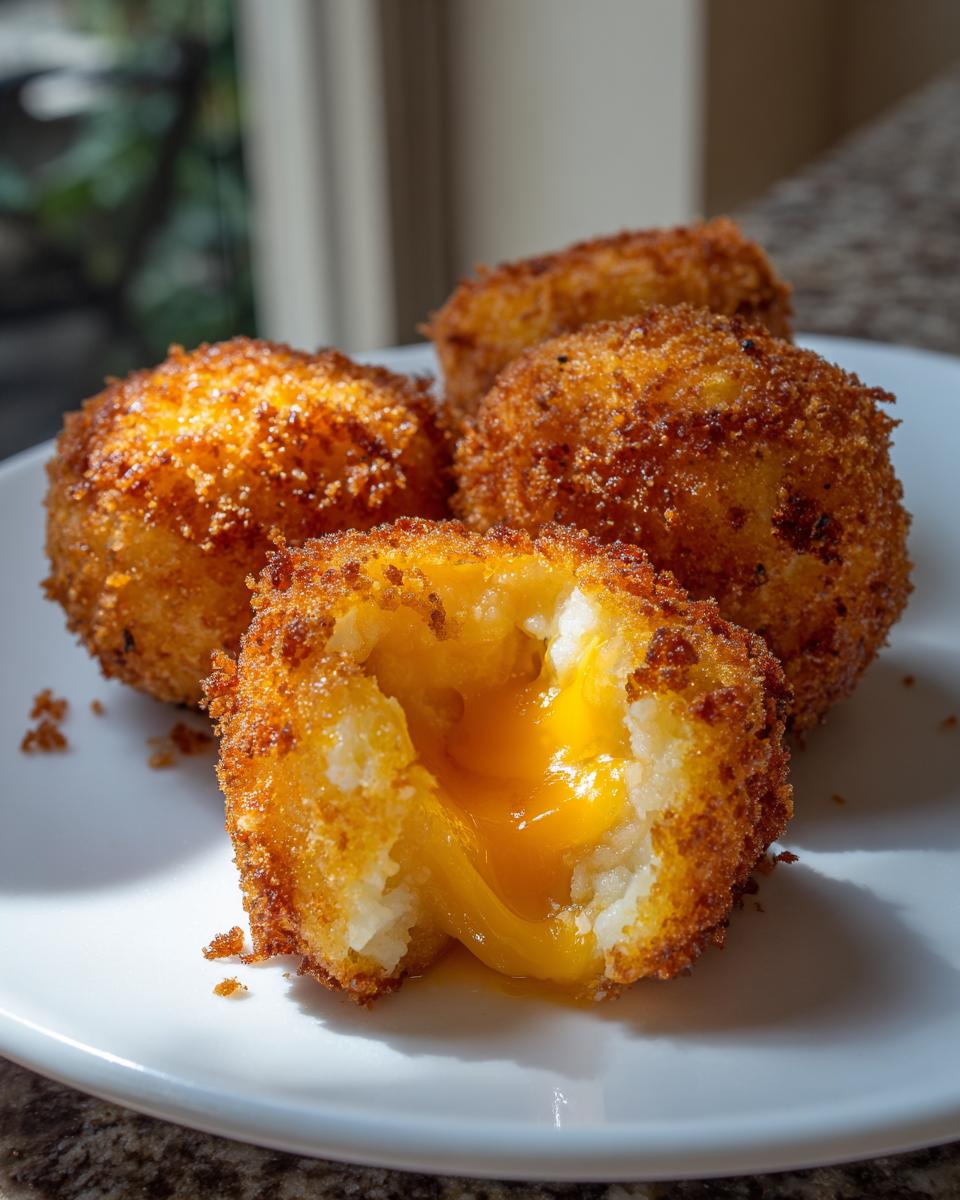 Close-up of golden brown potato croquettes, one cut open revealing a molten cheese center.