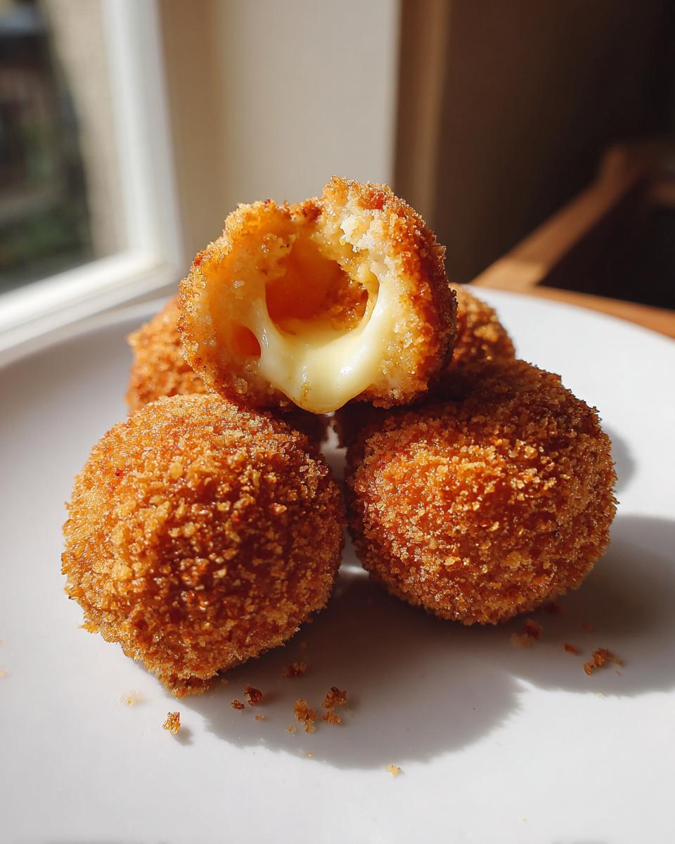 Close-up of four golden brown potato croquettes, one broken open revealing a melted cheese center.