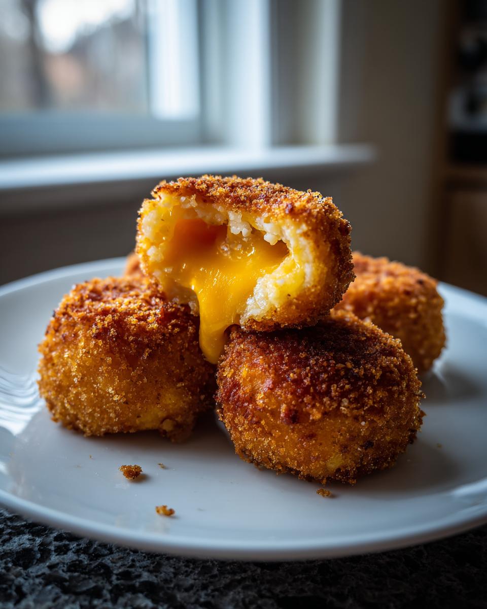 Close-up of crispy, golden-brown potato croquettes stacked on a white plate, one broken open revealing melted cheese.