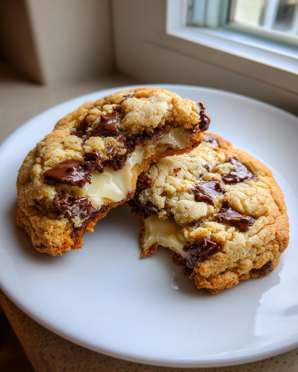 A close-up of chocolate chip cheesecake cookies broken in half, showing a molten, creamy cheesecake center.