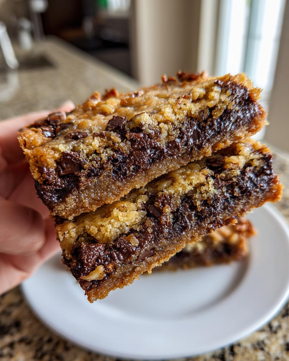 Two stacked, gooey chocolate chip bars, resembling a rich texas trash pie, held over a white plate.