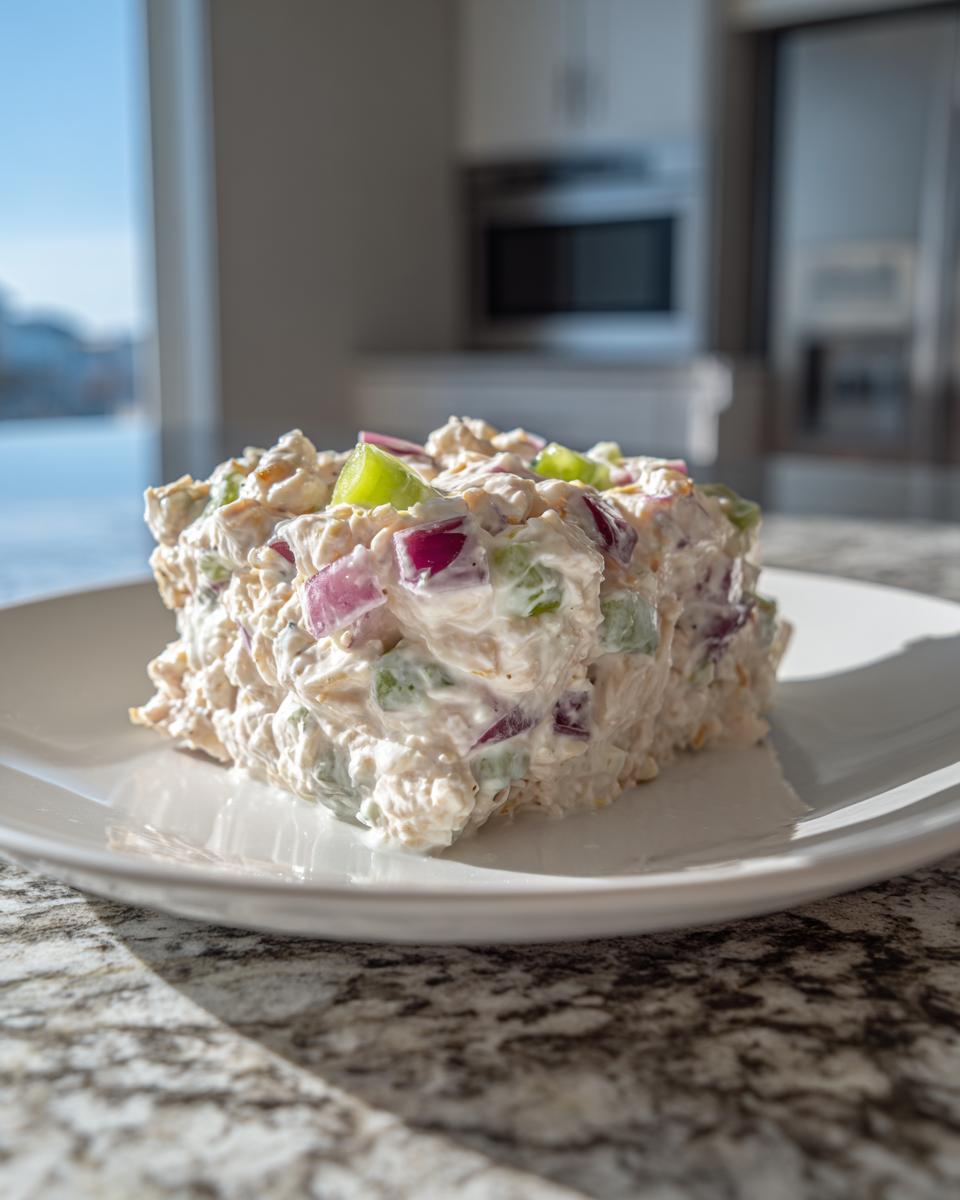 A square portion of creamy greek yogurt chicken salad mixed with diced red onion and celery, served on a white plate.