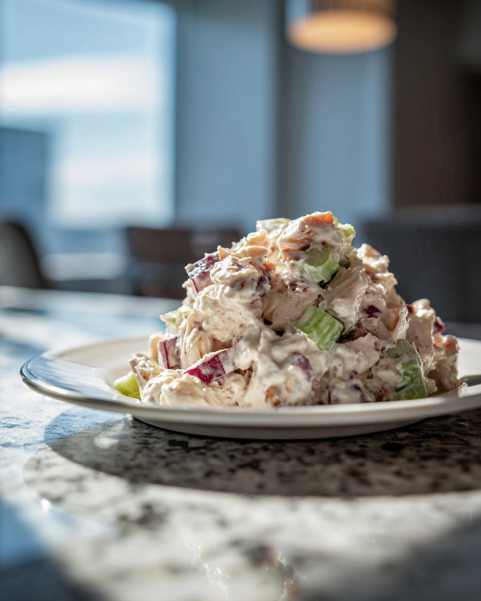 A mound of creamy greek yogurt chicken salad mixed with diced red onion and celery served on a white plate.