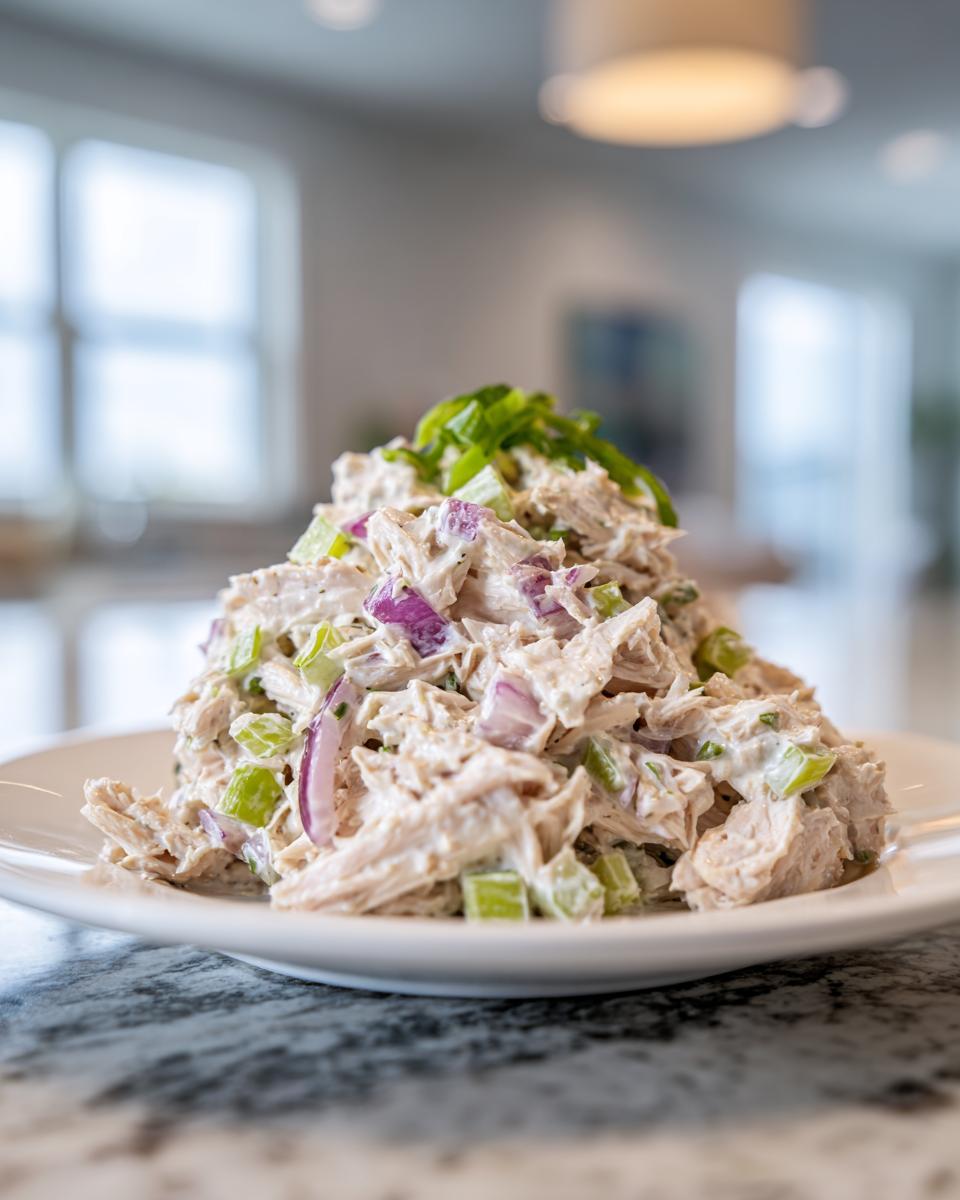 A mound of creamy greek yogurt chicken salad mixed with diced celery and red onion, garnished with green onions.