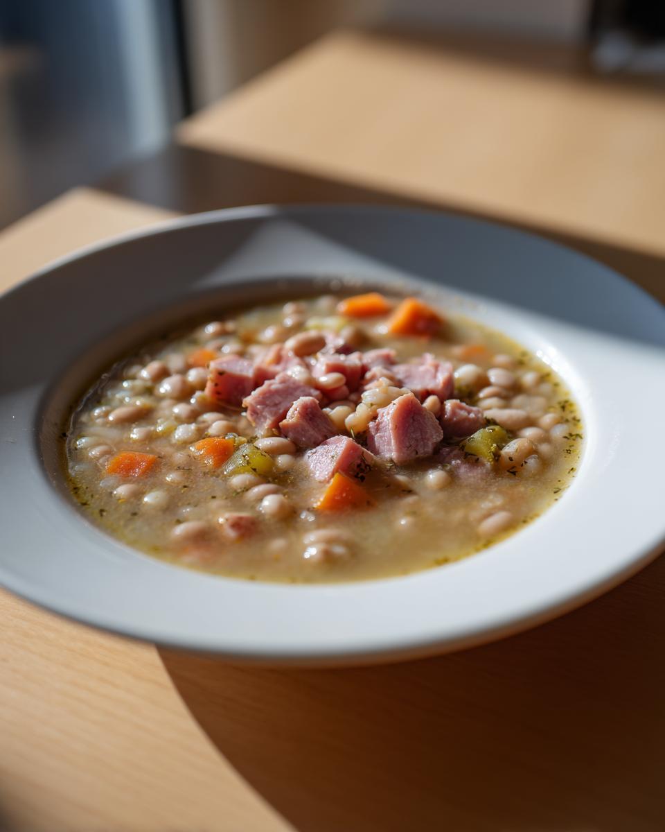 A bowl of savory ham and white bean soup with carrots, garnished with diced ham chunks.