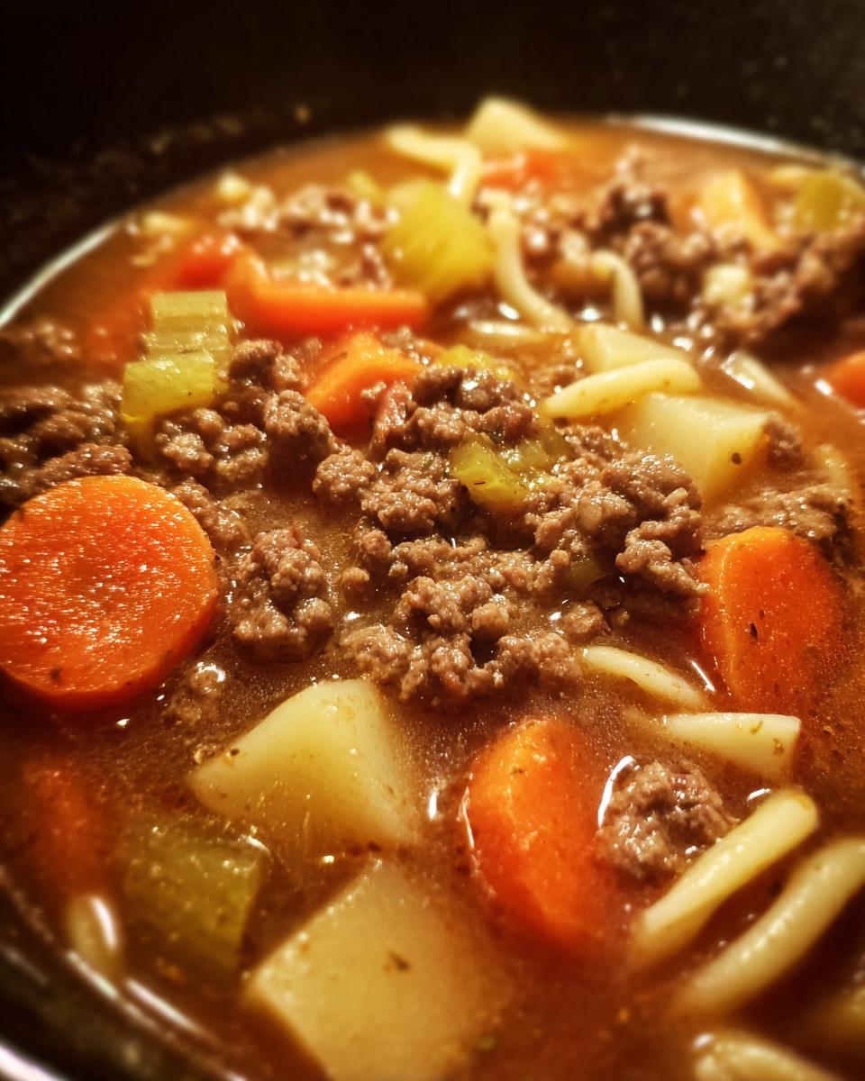 Close-up of rich hamburger soup featuring ground beef, sliced carrots, potatoes, celery, and noodles in broth.