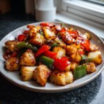 A close-up of glazed hawaiian chicken sheet pan pieces mixed with caramelized pineapple chunks and colorful bell peppers.