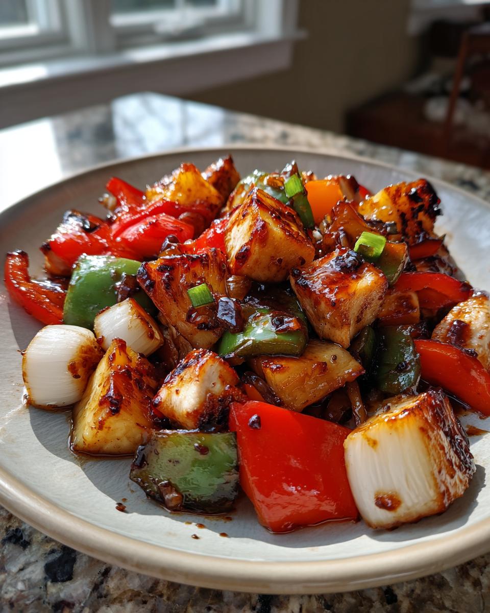 Close-up of glazed chicken chunks, pineapple, red and green bell peppers, and onions from the hawaiian chicken sheet pan.