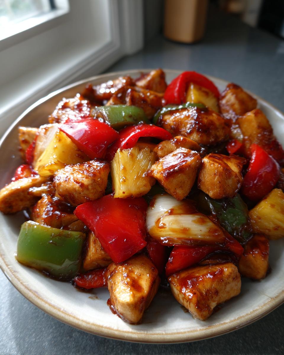 Close-up of cubed chicken, pineapple, red and green peppers, and onions coated in a dark glaze from the hawaiian chicken sheet pan recipe.