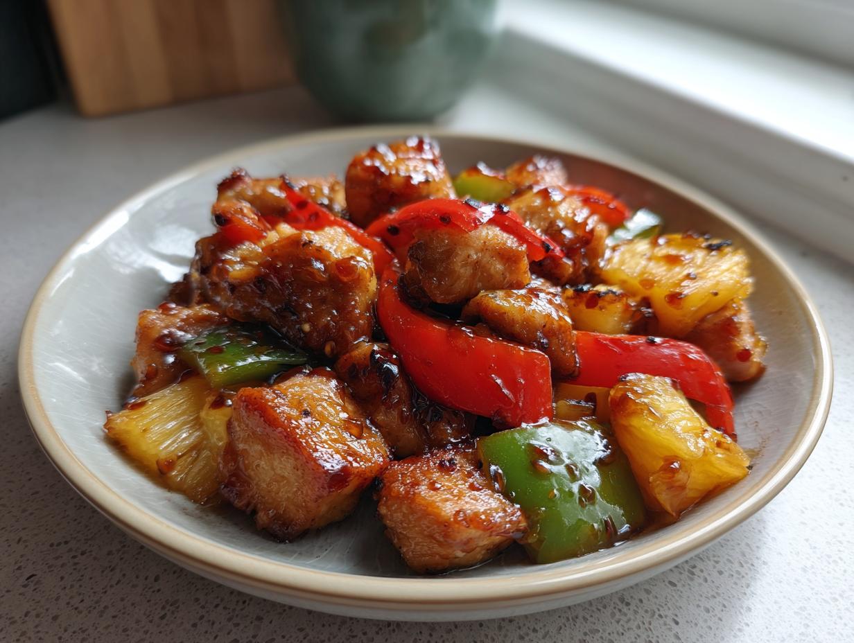 Close-up of glazed chicken pieces, red and green bell peppers, and pineapple chunks from the hawaiian chicken sheet pan recipe.