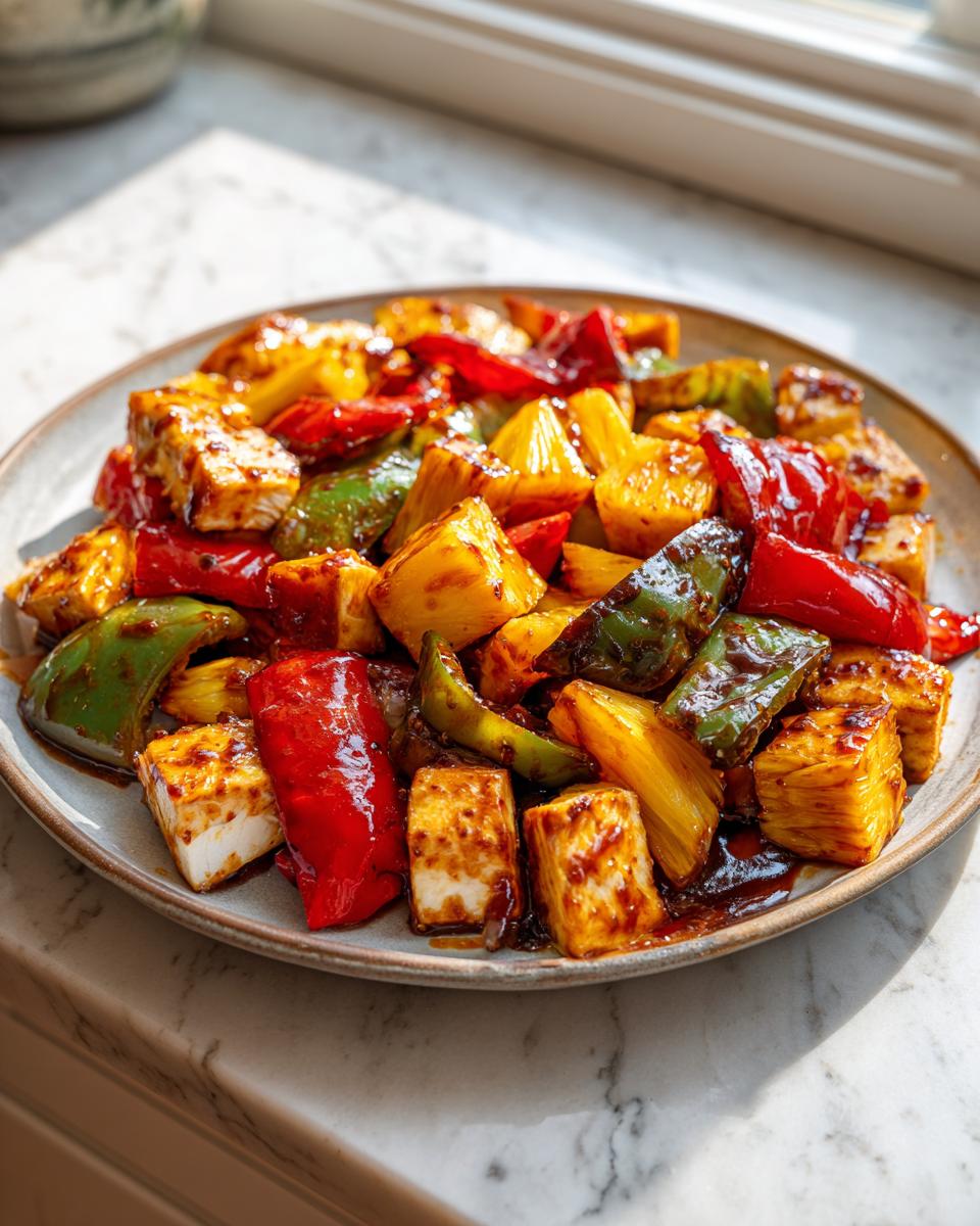 Close-up of pineapple, peppers, and tofu/chicken coated in a glaze for a hawaiian chicken sheet pan recipe.