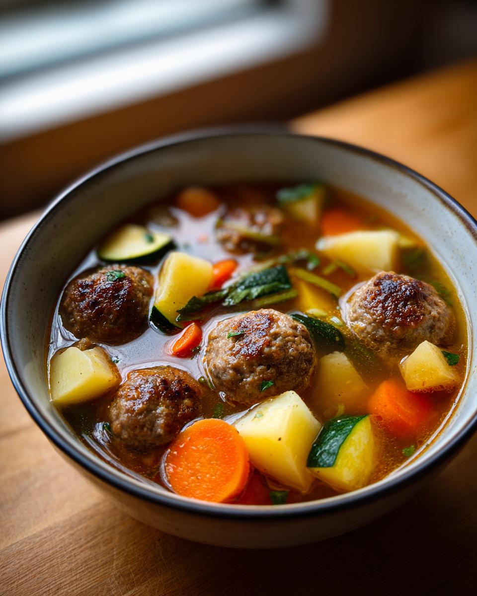 Close-up of a bowl of albondigas soup featuring meatballs, potatoes, carrots, and zucchini in a rich broth.