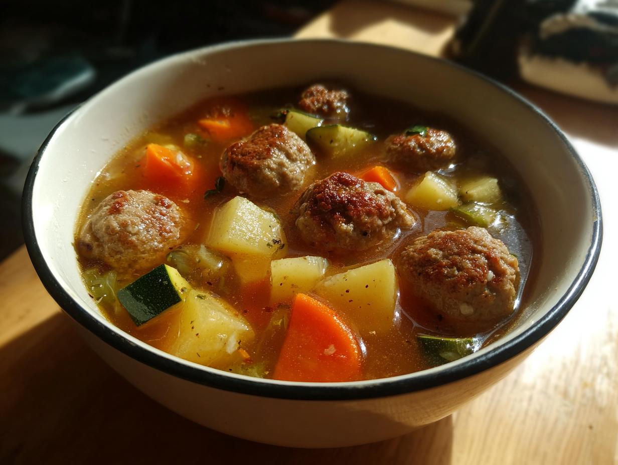 A close-up of a bowl of rich albondigas soup filled with meatballs, potatoes, carrots, and zucchini.