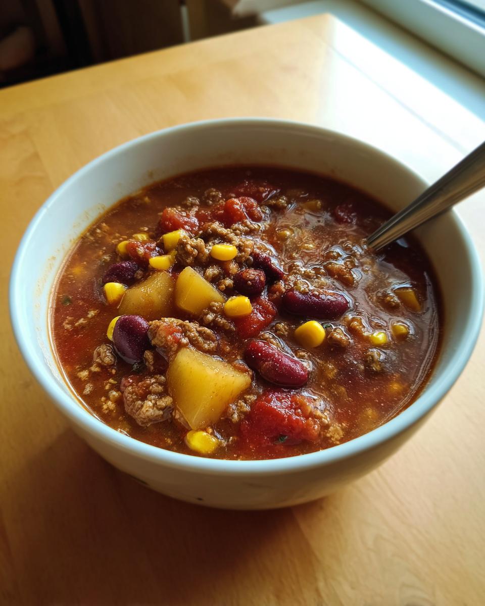 Close-up of a white bowl filled with rich, hearty cowboy soup featuring ground beef, kidney beans, corn, and chunks of potato.