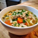 Close-up of a hearty bowl of chicken noodle soup topped with shredded chicken, carrots, and fresh parsley.