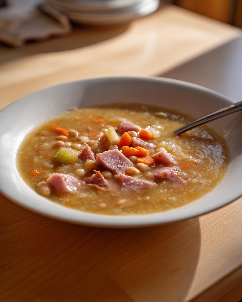 A close-up of a white bowl filled with thick, hearty bean soup featuring chunks of ham, carrots, and celery.