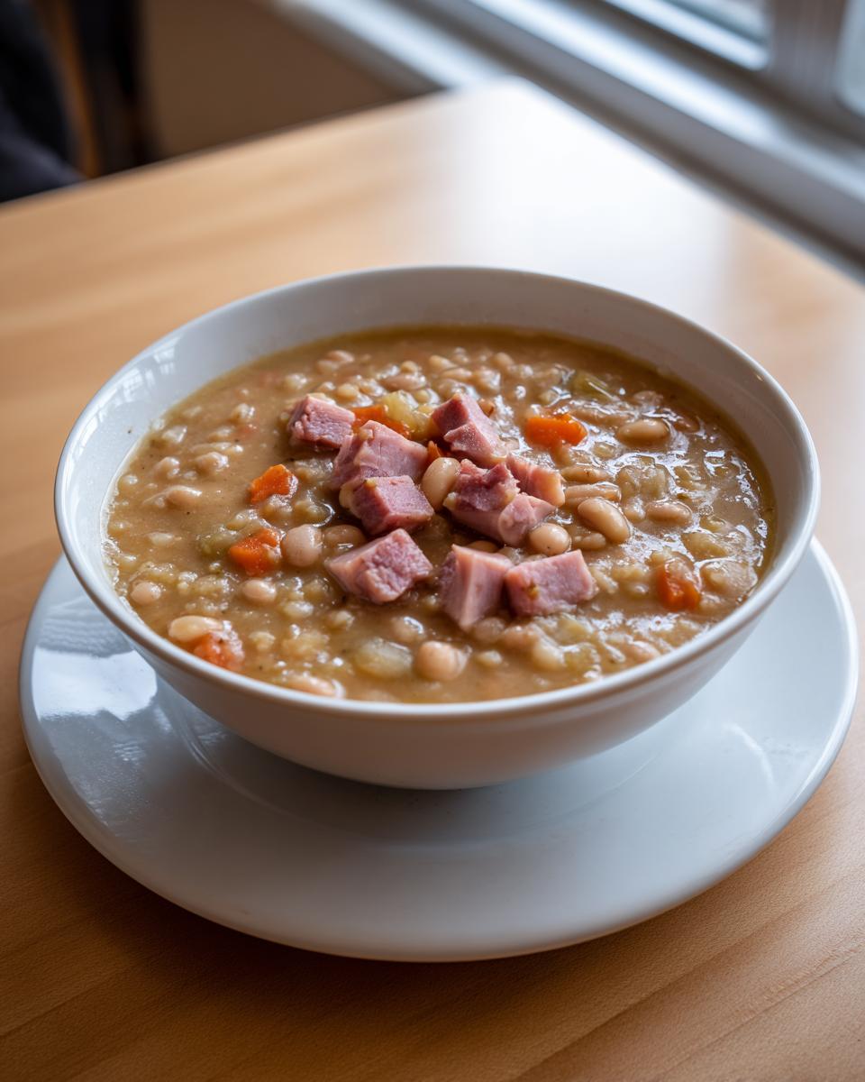A close-up of a thick, hearty bowl of bean soup topped with diced ham and carrots.