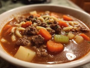 Close-up of a hearty bowl of hamburger soup featuring ground beef, egg noodles, carrots, celery, and potatoes in a rich broth.