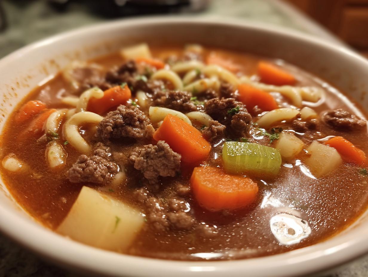 Close-up of a hearty bowl of hamburger soup featuring ground beef, egg noodles, carrots, celery, and potatoes in a rich broth.
