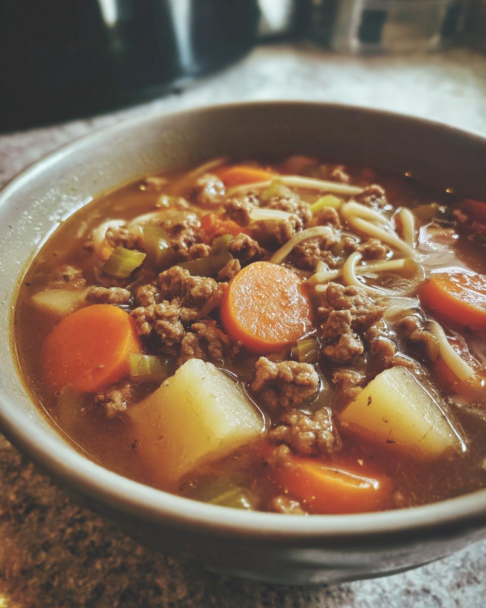 Close-up of a bowl filled with rich hamburger soup featuring ground beef, carrots, potatoes, and noodles.