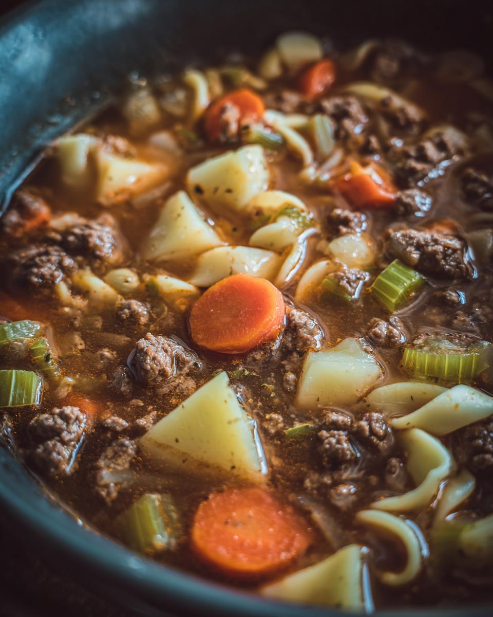 Close-up of rich hamburger soup filled with ground beef, potatoes, carrots, celery, and egg noodles.