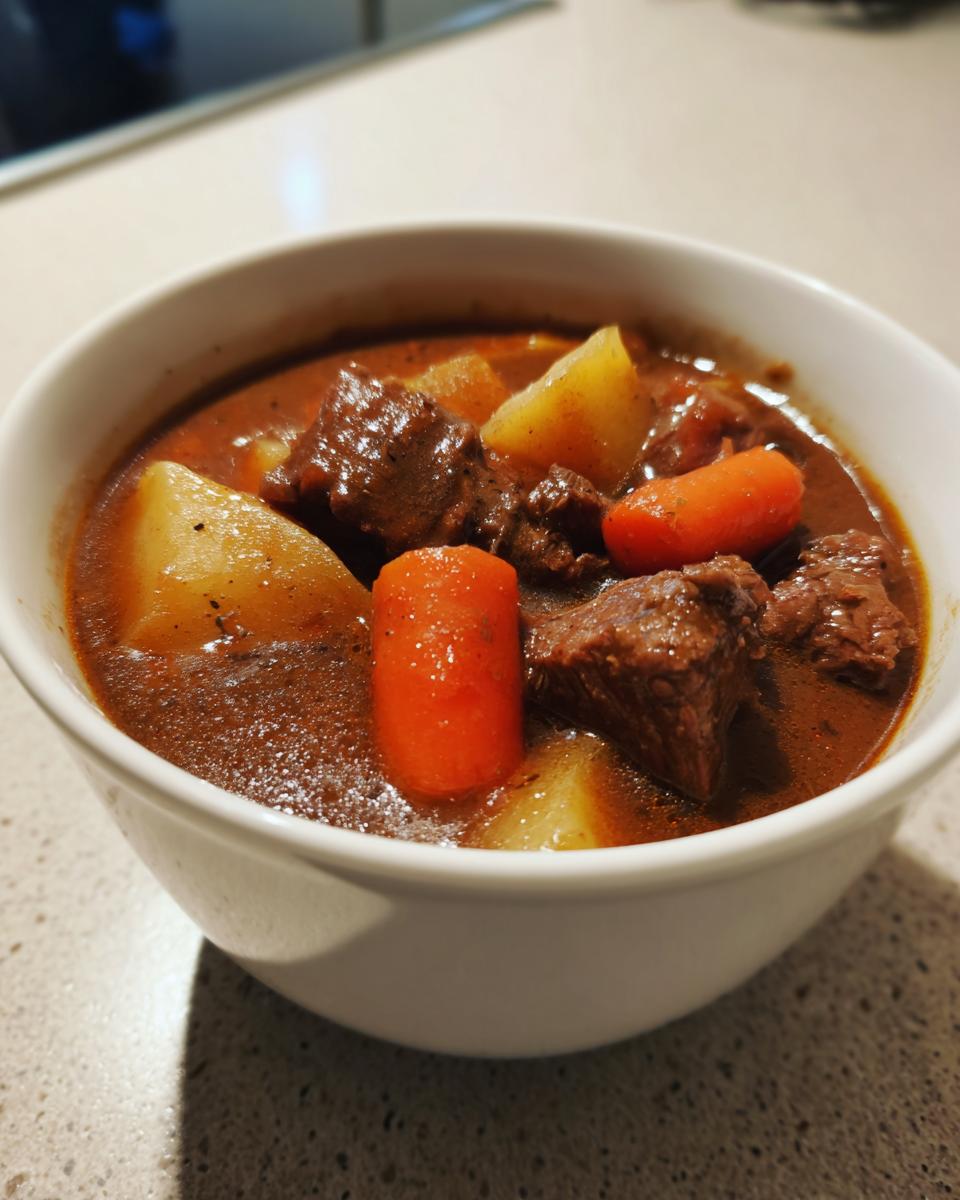 Close-up of a white bowl filled with rich, dark pork stew featuring tender meat chunks, potatoes, and bright orange carrots.