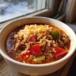 A close-up of a white bowl filled with rich stuffed pepper soup, featuring ground meat, rice, red and green peppers, topped with shredded cheese.