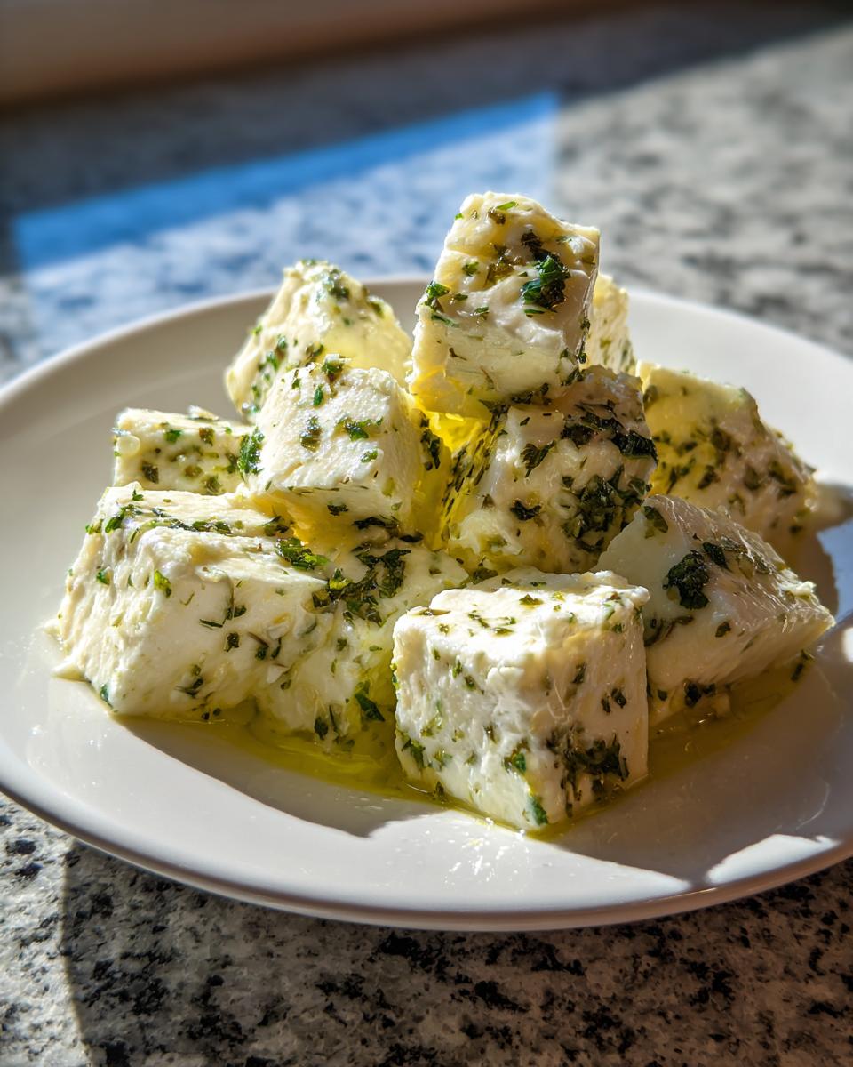 Close-up of white cheese cubes coated in green herbs, resting in olive oil, ready to serve as marinated cheese.