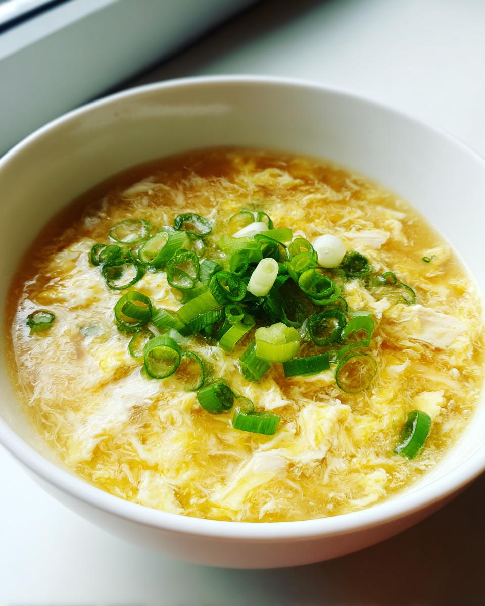 A close-up of a white bowl filled with hot, yellow egg drop soup, topped generously with freshly sliced green onions.