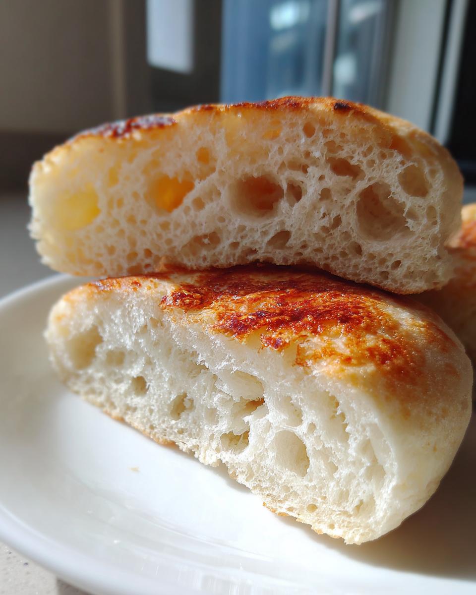 Close-up showing the airy, open crumb structure of a homemade English muffin cut in half.