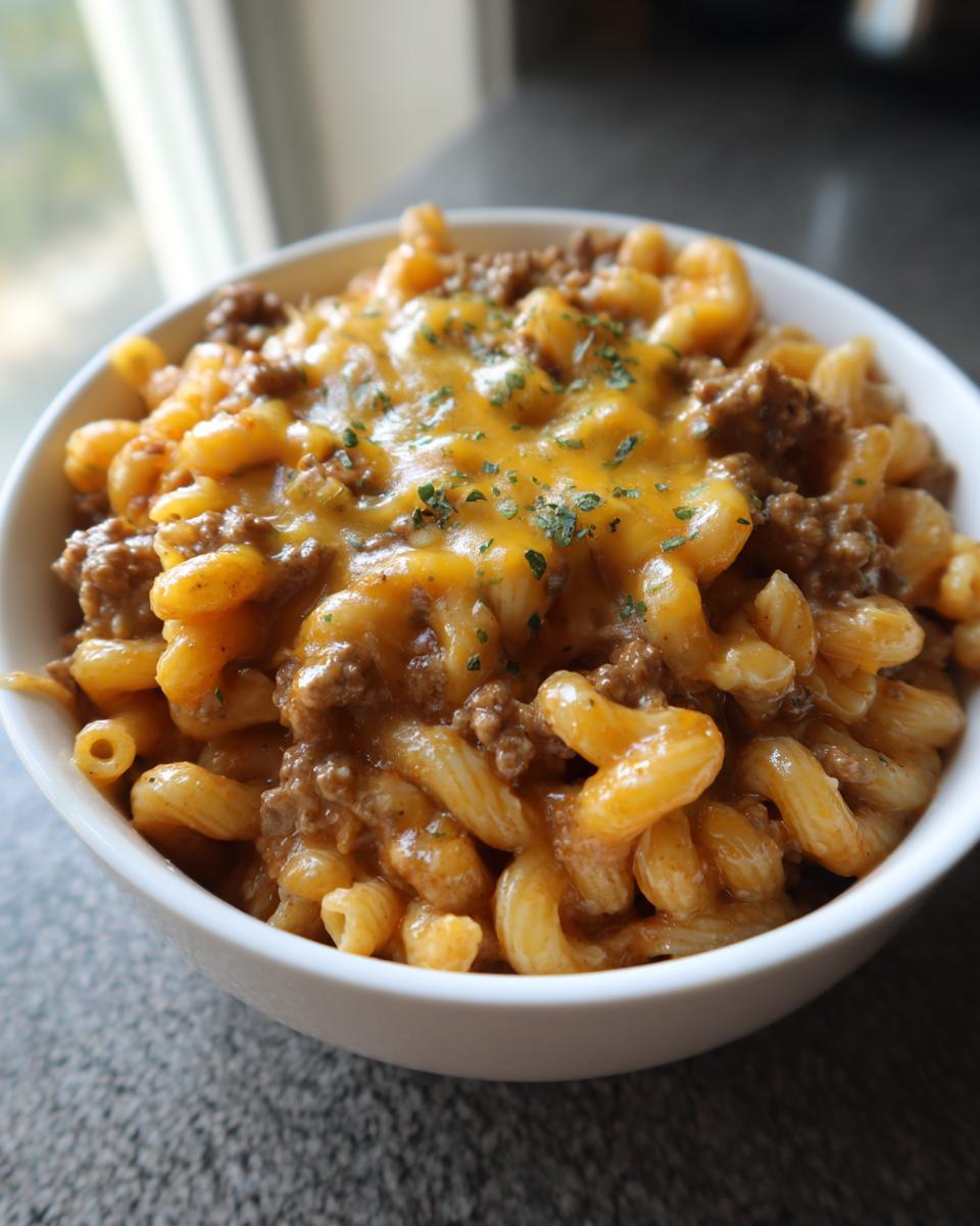 Close-up of a white bowl filled with homemade hamburger helper, featuring elbow macaroni, ground beef, and melted cheddar cheese.