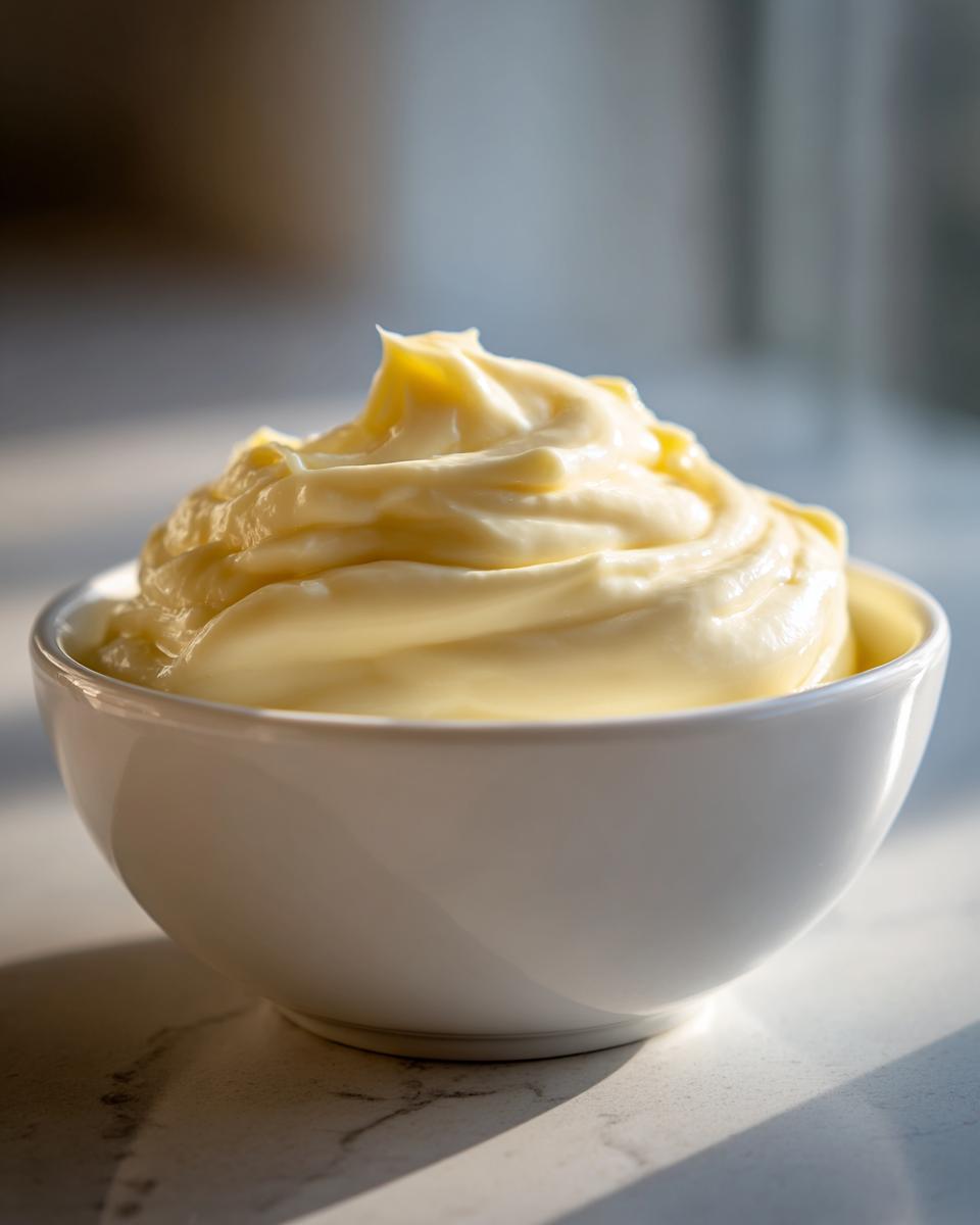 Close-up of thick, creamy homemade mayonnaise swirled high in a small white bowl.